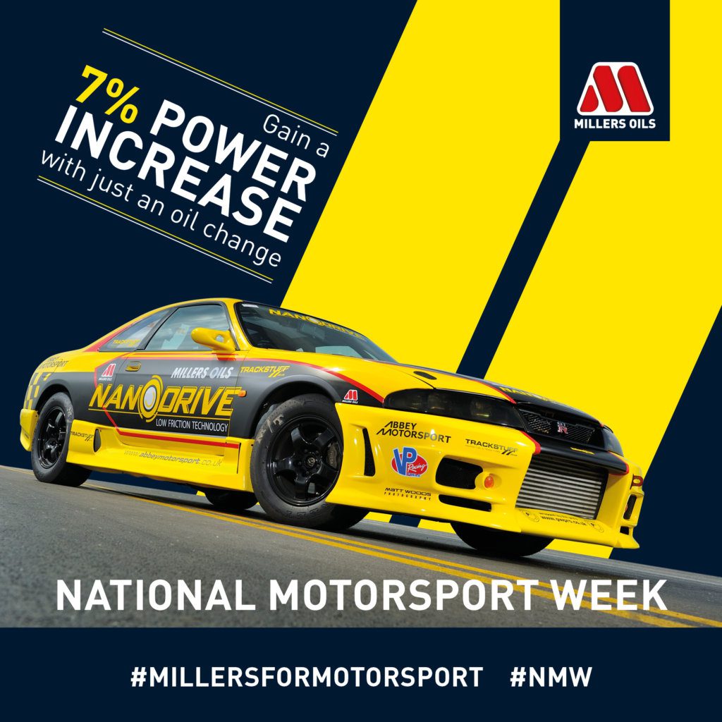 racing car with benefits of nanodrive and millers oils logo top right