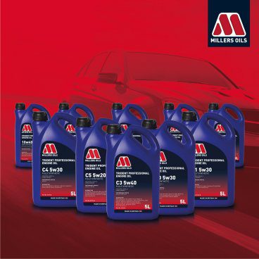 A passenger car in Millers Oils red with the Trident Professional range in from in a v shape and the Millers Oils logo top right