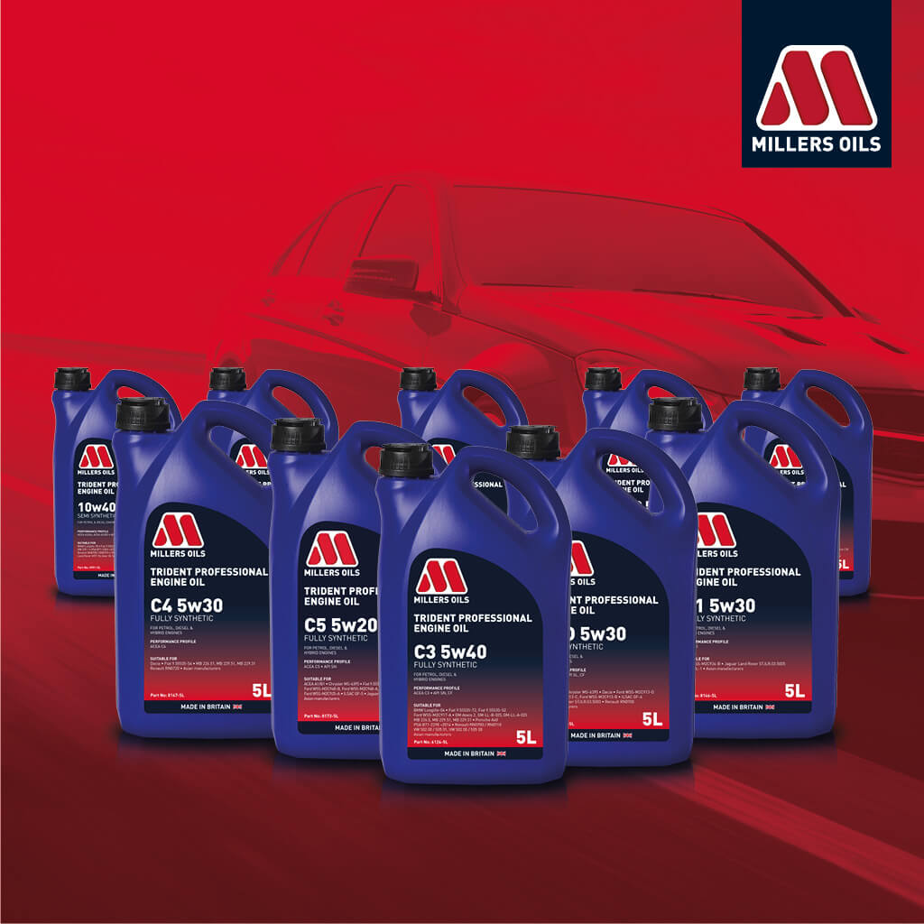 A passenger car in Millers Oils red with the Trident Professional range in from in a v shape and the Millers Oils logo top right