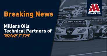 Millers Oils Ginetta racing car on track with text 'breaking news millers oils technical partner of ginetta'