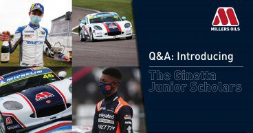 Racer members and cars with the Millers oils logo and text as 'q and a introducing the ginetta junior scholars'