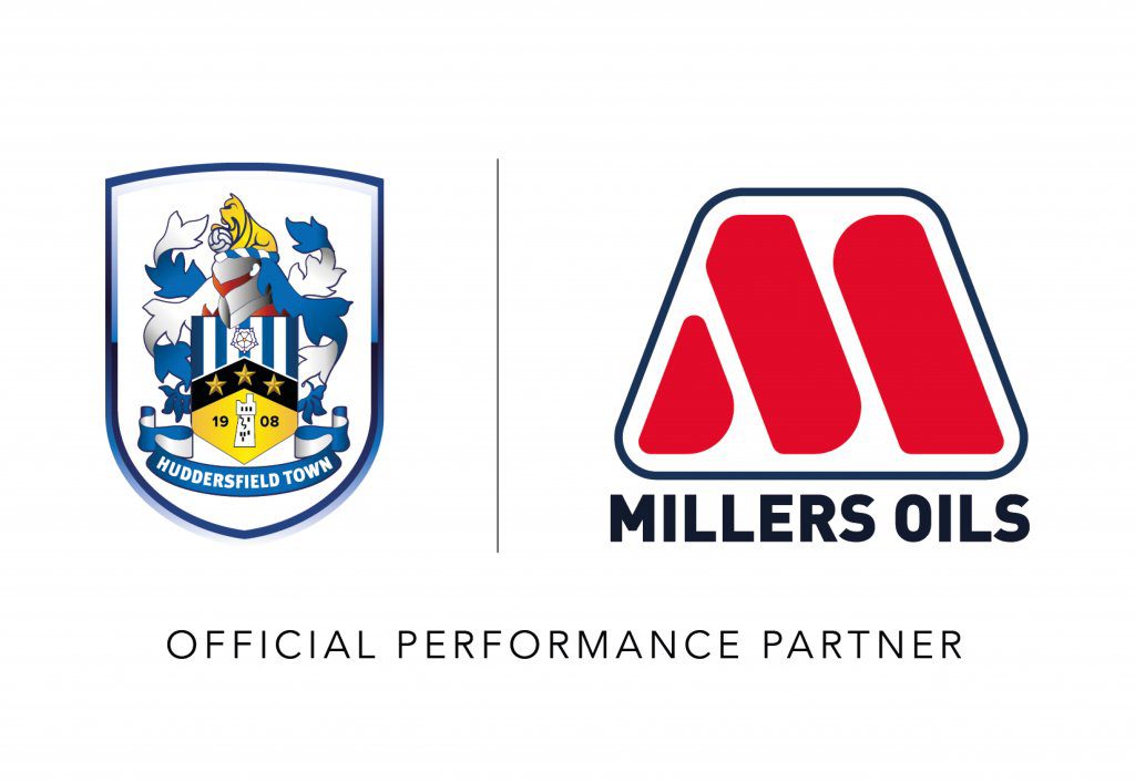 Huddersfield Town Football Club logo and Millers Oils logo on white background with text 'official performance partner'