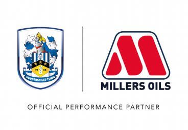 Huddersfield Town Football Club logo and Millers Oils logo on white background with text 'official performance partner'