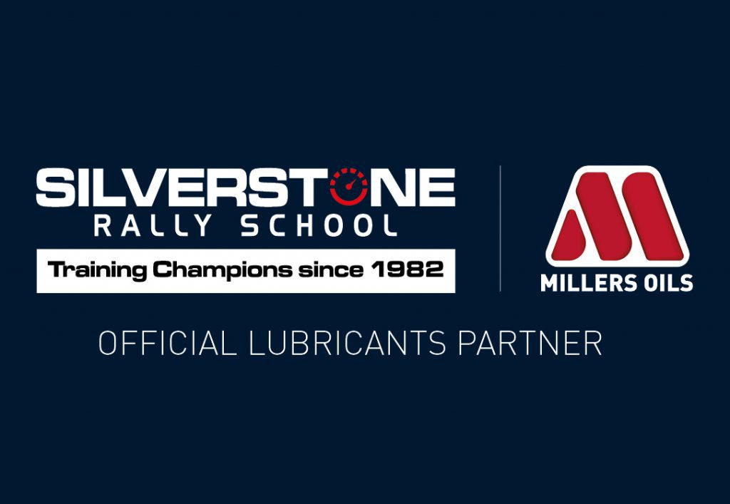 Millers Oils and silverstone rally school logos on millers oils colours gradient background with the text 'official lubricant partner'