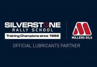 Millers Oils and silverstone rally school logos on millers oils colours gradient background with the text 'official lubricant partner'