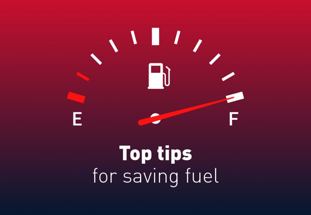 Fuel gauge with text 'top tips for saving fuel'