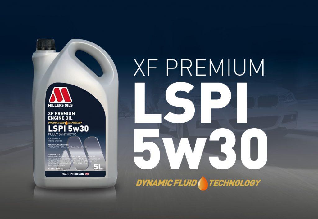 LSPI engine oil bottle with text 'xf premium lspi 5w30 dynamic fluid technology';