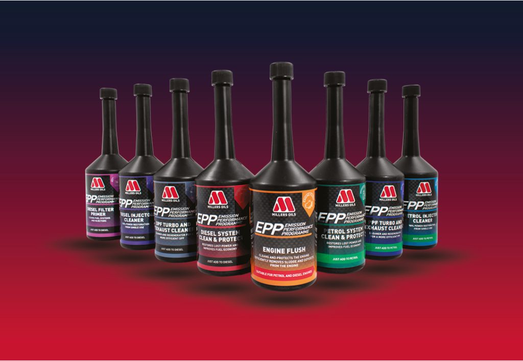 Image of all the products in the Millers Oils Emissions Performance Programme range on a red background.