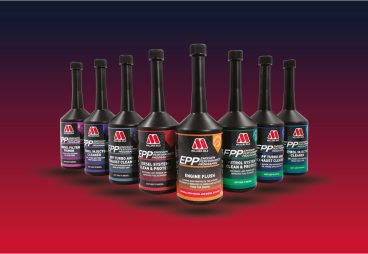 Image of all the products in the Millers Oils Emissions Performance Programme range on a red background.