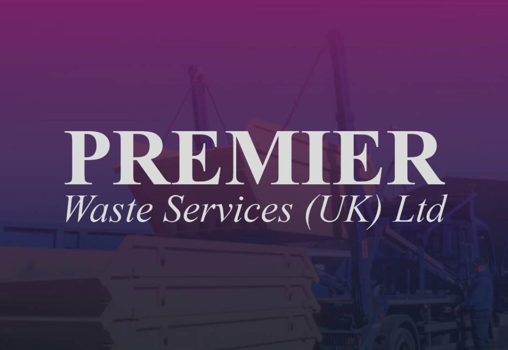 Purple background image of a skip with the Premier Waste Services (UK) Ltd logo in white.