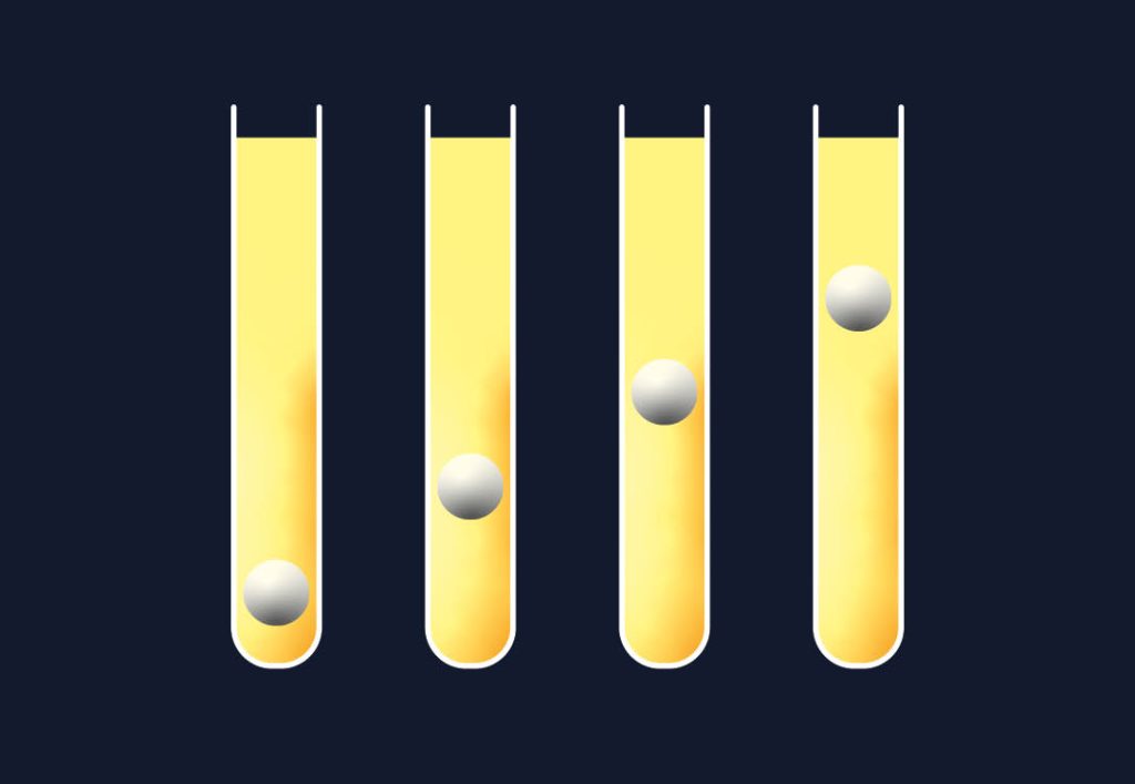 Graphic of 4 test tubes with oil and ball bearings at different levels - showing different oil viscosities.