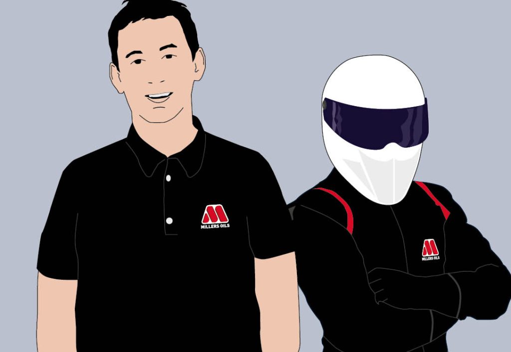 Graphic of 2 men, 1 wearing a Millers Oils polo shirt and one with the stig helmet on and Millers Oils branded karting overalls.
