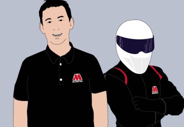 Graphic of 2 men, 1 wearing a Millers Oils polo shirt and one with the stig helmet on and Millers Oils branded karting overalls.